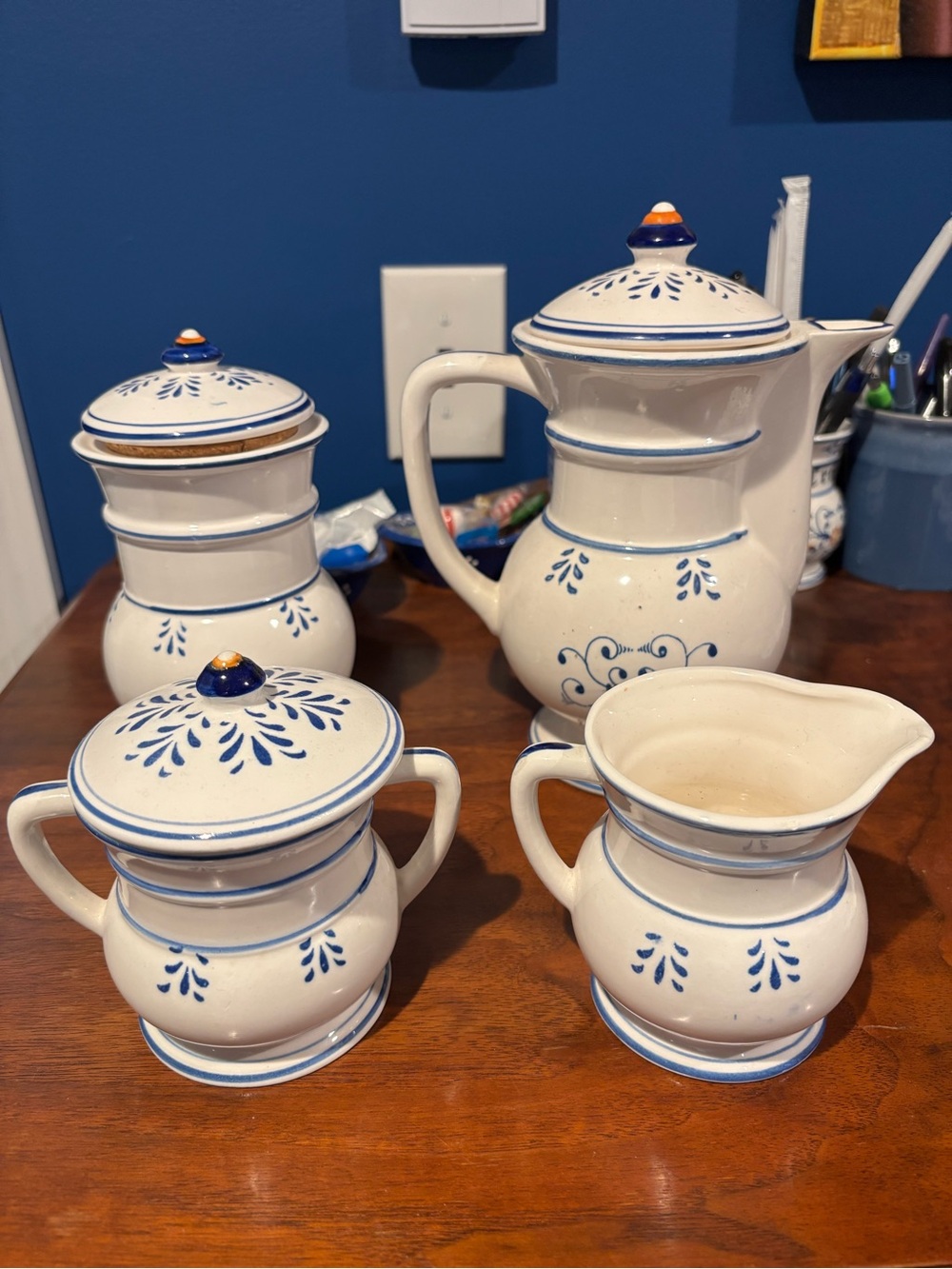 Royal Sealy Ceramic Coffee Sugar Cream Set - Blue & Orange Floral - Picture 2 of 6